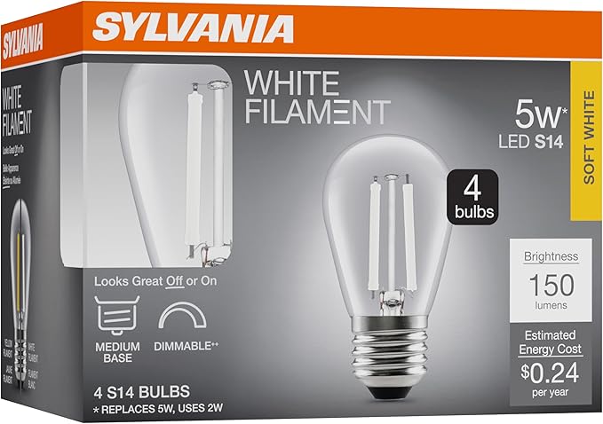 Sylvania S14 Clear LED White Filament Bulb, 2W, Dimmable, 150 LMS, Medium Base, 2700K, Soft White - 4 Pack (42269)