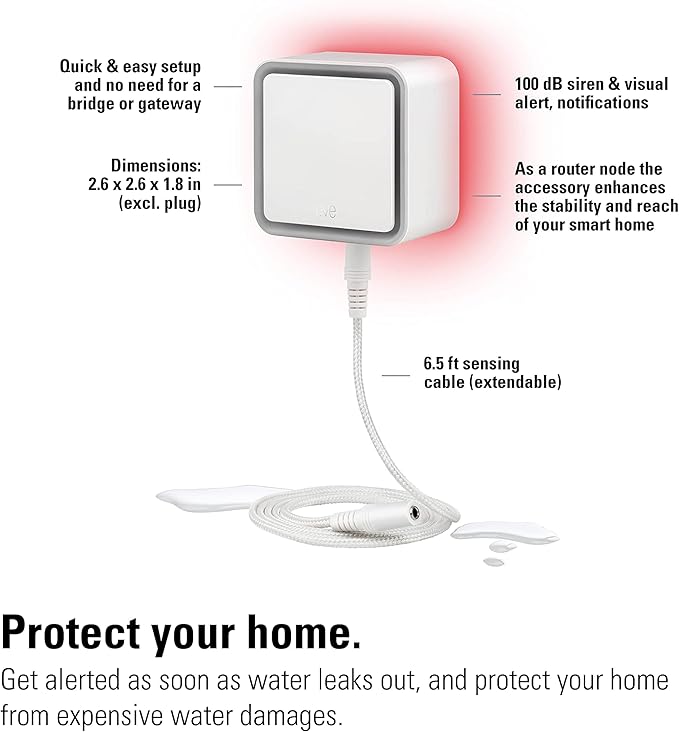 Eve Water Guard - Smart Home Water Leak Detector, 6.5 ft Sensing Cable, 100 dB Siren, (Apple HomeKit), App Notifications, Bluetooth, Thread