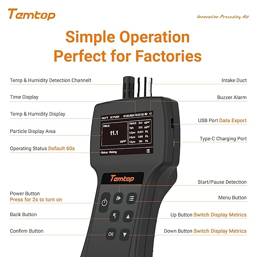 Temtop Handheld Particle Counter 0.3µm, 0.5µm, 1.0µm Particulate Monitor PM2.5, PM10, TSP, Temp & Humidity Detector