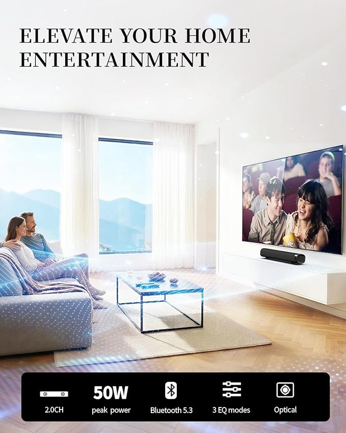 Sound Bar for Smart TV, Sound Bar, Bluetooth Sound bar, with Optical/AUX/HD ARC, Surround Sound Speakers, Surround Sound System for TV/PC/Gaming/Projectors, Wall Mountable PC Soundbar