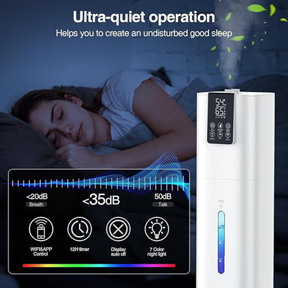 2.1Gal(8L) Smart Humidifier Large Room Bedroom Home, Quiet Top Fill Cool Mist Humidifier with Diffuser, Night Light, 3 Speed Humidifiers with 360° Nozzle, Timer, Humidity Setting for Plants Yoga Baby