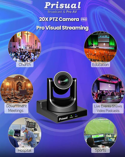 Prisual PTZ Camera Gen 5, 20X Optical Zoom SDI HDMI PoE USB IP Streaming, AI Auto Tracking for Church Worship Education Conference Facebook YouTube vMix OBS (TEM-20S PRO)
