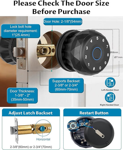 Smart Door Knob with Keyless Entry, Fingerprint Door Lock with Keypad & App Control, Auto Lock, Easy Install, Electronic Door Lock for Bedroom, Apartment, Office