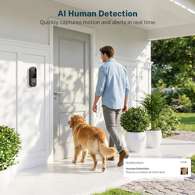 ClipBlur 1080p Wireless Wi-Fi Video Doorbell Camera with Night Vision, Pet Camera, Two Way Audio, 2.4G WiFi Only, AI Motion Detection and Cloud Storage (Sold Separately)