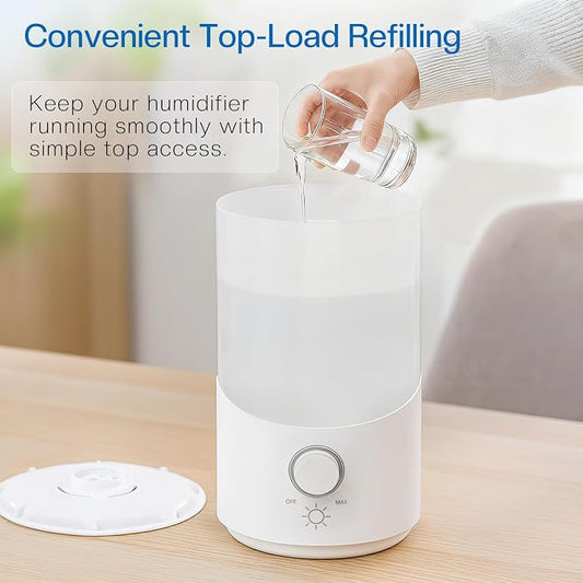 Cool Mist Humidifier for Bedroom, 3L Top Fill Ultrasonic Air Humidifier with Adjustable Knob Control, Quiet Operation, Auto Shut-Off, BPA-Free for Home, Baby, Office, Plants 3L