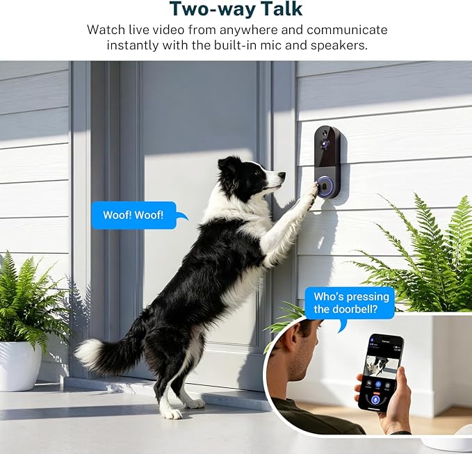 ClipBlur 1080p Wireless Wi-Fi Video Doorbell Camera with Night Vision, Pet Camera, Two Way Audio, 2.4G WiFi Only, AI Motion Detection and Cloud Storage (Sold Separately)