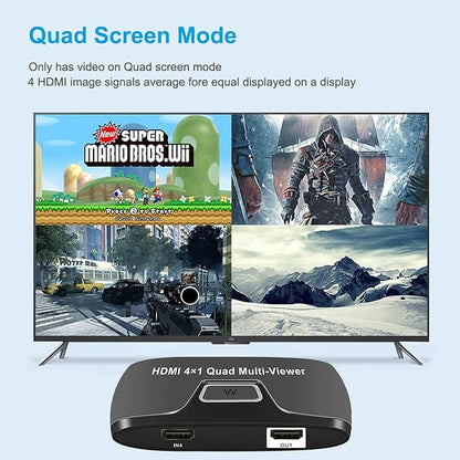 Quad Multi HDMI Viewer 4 in 1 Out HDMI Switcher 4 Ports Seamless Switcher Support 1080P for PS4/PC/DVD/Security Camera, Switch Output 2 Modes