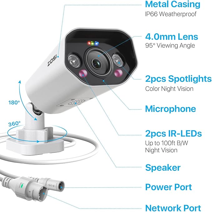 ZOSI 5MP PoE CCTV Camera with Person Vehicle Detection, Outdoor Indoor Bullet Camera, Color Night Vision, 2-Way Audio, Sound & Light Alarm, Home Security Camera Only Compatible POE NVR