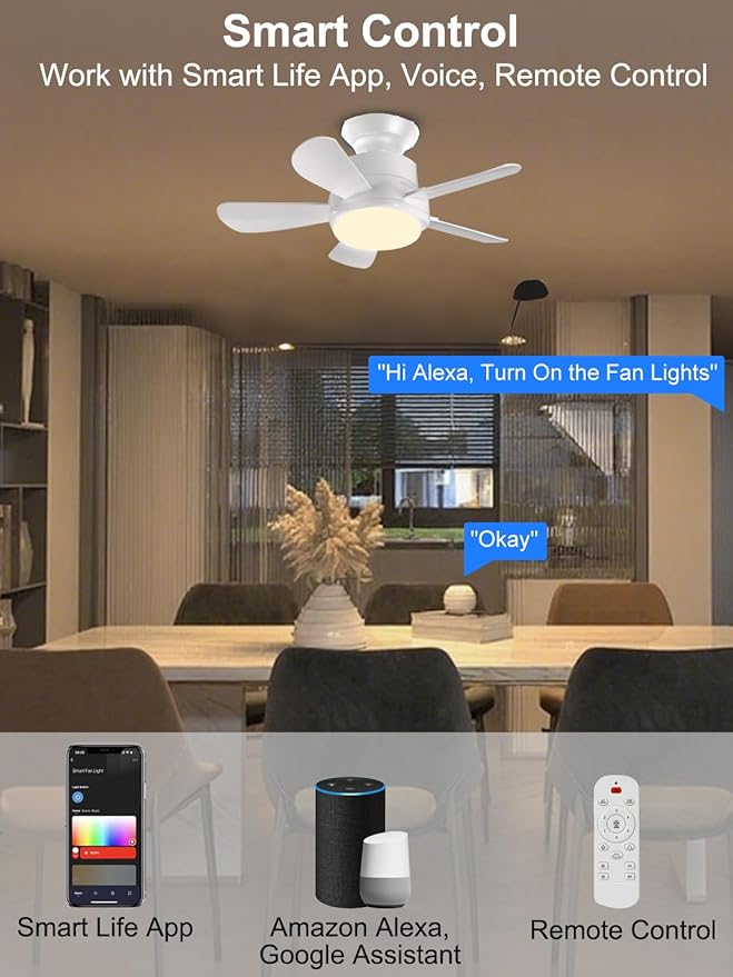 Ligency Smart Socket Fan Light with Remote, 16 inch Small Socket Ceiling Fan Light with RGBW, E26 Screw in Ceiling Light Bulb Fan, 1800Lm, Work with Alexa & Google Assistant for Garage Bedroom, White