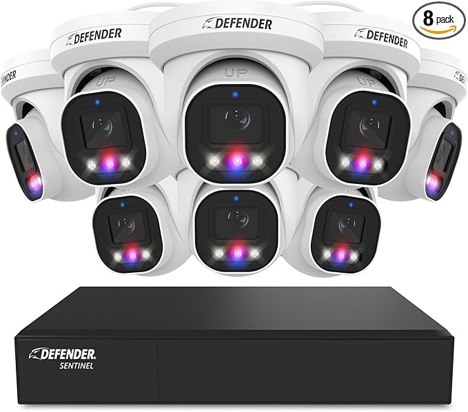 Defender AI Powered Sentinel Pro Turret 8CH NVR PoE Security Camera System, 8pc Metal Turret Cameras, 109° Wide Angle, IP66 Rated, Audio Recording, Web Viewing, 1TB HDD, Works w/Empower App