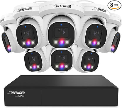 Defender AI Powered Sentinel Pro Turret 8CH NVR PoE Security Camera System, 8pc Metal Turret Cameras, 109° Wide Angle, IP66 Rated, Audio Recording, Web Viewing, 1TB HDD, Works w/Empower App