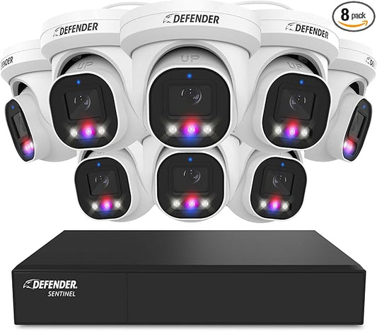 Defender AI Powered Sentinel Pro Turret 8CH NVR PoE Security Camera System, 8pc Metal Turret Cameras, 109° Wide Angle, IP66 Rated, Audio Recording, Web Viewing, 1TB HDD, Works w/Empower App