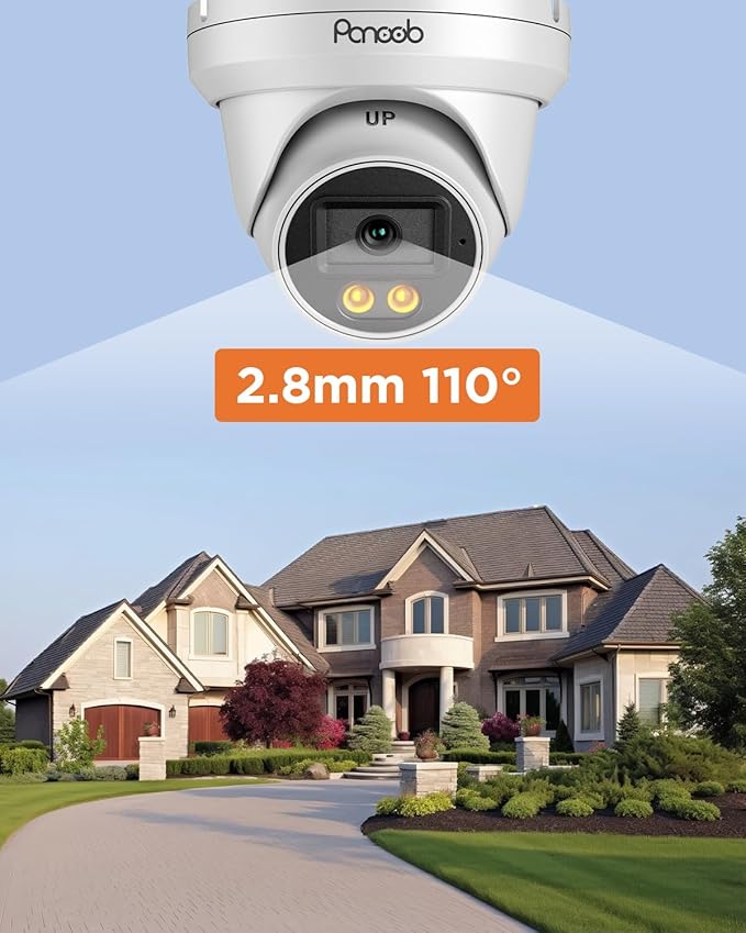 4MP PoE IP Dome Camera Outdoor, Wired Home Security Turret PoE Camera, 2.8mm Lens 110°Wide Angle, Built-in Mic, IP67 Smart Dual Lights Color Night Vision, 24/7 Recording, PD93BA1-4MD-V