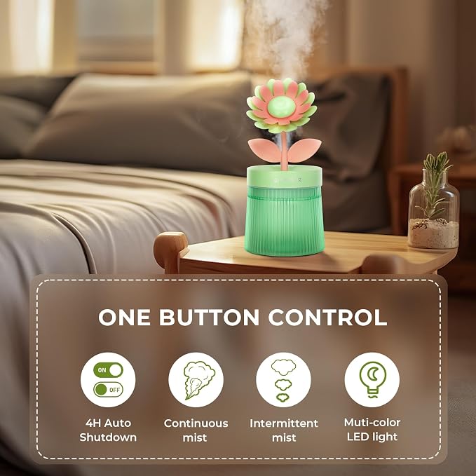 Cute Flower Mini Humidifier, Small Cool Mist Desk Humidifiers, Portable USB Personal Desktop Plant Humidifiers, Cooling for Home Office Car Travel Indoor Outdoor (260ml, Green Sunflower)