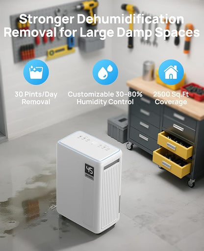 30 Pint Dehumidifier for Basement, 2500 Sq. Ft Dehumidifiers for Home with Drain Hose, 3 Modes, Smart Humidity Control, 24H Timer, 0.52 Gal Water Tank, for Whole House, Bedroom, Bathroom, Garage, Rv