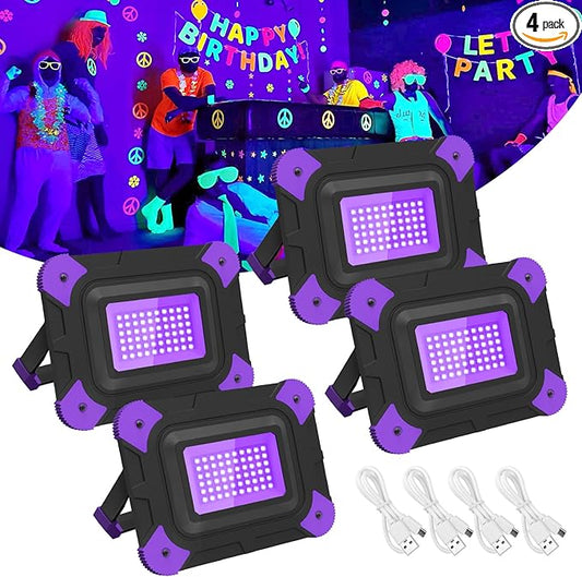 T-SUN Rechargeable Black Lights, Battery Powered Black Lights for Fishing Portable Blacklights for Glow Party Body Paint Fluorescent Poster Neon Party 4 Packs