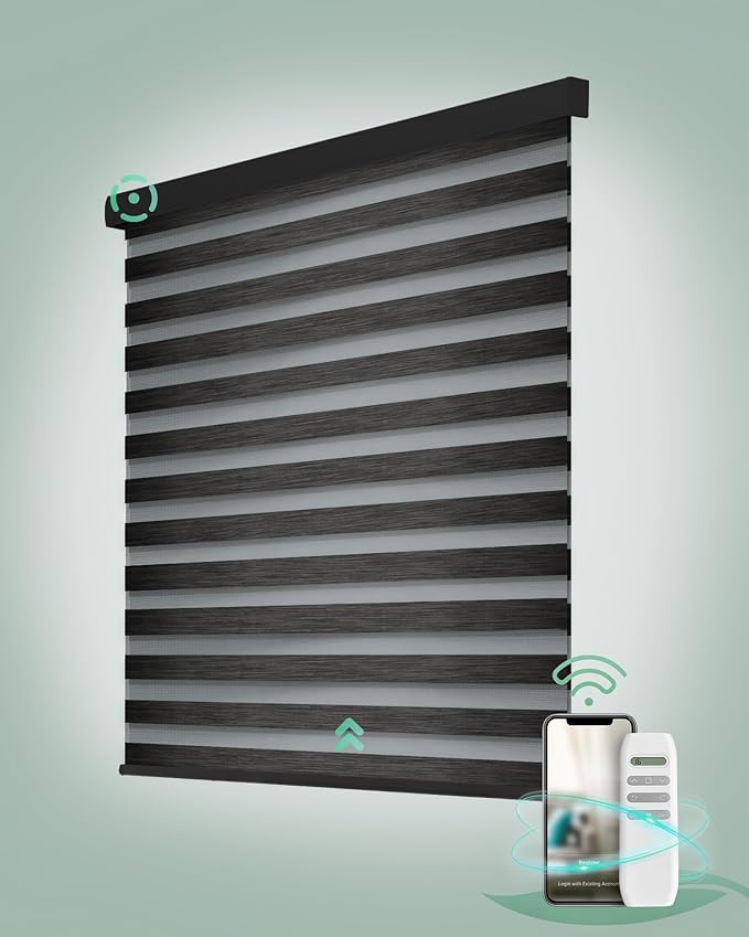 Yoolax Motorized Zebra Blinds, Remote Zebra Shades for Indoor Windows, Motorized Shades with Remote Light Control Horizontal Window Blinds Custom Size(95% Shading Carbon Black)