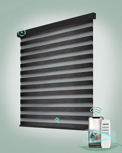 Yoolax Motorized Zebra Blinds, Remote Zebra Shades for Indoor Windows, Motorized Shades with Remote Light Control Horizontal Window Blinds Custom Size(95% Shading Carbon Black)