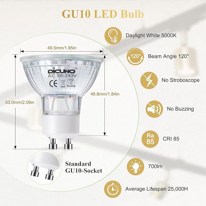 DiCUNO GU10 LED Light Bulbs, 6W 60W Halogen Replacement, Bright Daylight White 5000K, 700lm, Full Glass Cover 120 Degree Beam Angle, 120V, MR16 GU10 LED Non-dimmable, Spotlight Track Lighting, 6-Pack