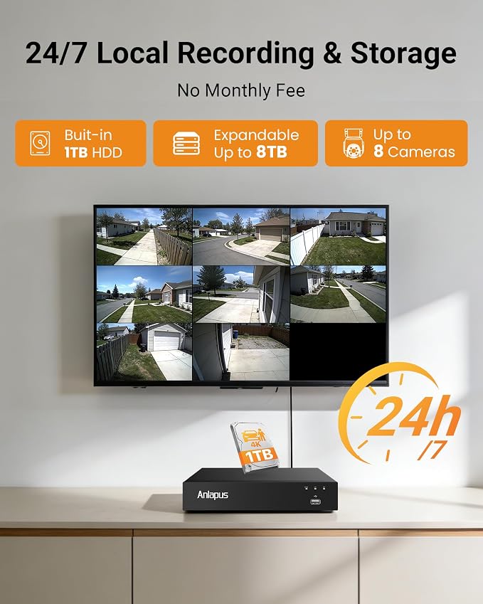 Anlapus 5MP Home Security Camera System, 8pcs 3K Pan Tilt Cameras, 1TB HDD