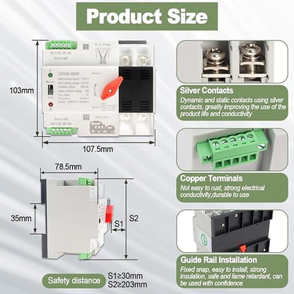 Ketofa 2P 100A AC110V Automatic Transfer Switch, DIN Rail Mini ATS 50/60Hz