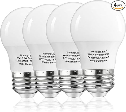 MorningLight A15 Ceiling Fan Light Bulb 60 Watt Equivalent, 6.5W Dimmable LED Light Bulbs, 5000K Daylight, E26 Base, 4 Pack A15 6.5W LED Light Bulbs 60W for Pendant, Hallway Fixtures, 600LM