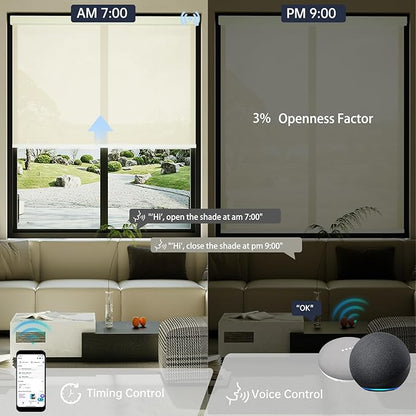 Motorized Solar Shades, Light Filtering Smart Blinds for Windows Automatic Blinds Compatible with Alexa, Falme Resistant Roller Shades Customized for Office Living Room (3% Openness Beige)