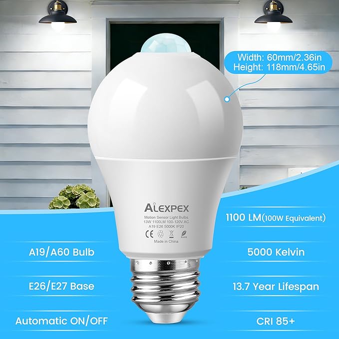 Motion Sensor LED Bulbs with Auto Dusk/Dawn, 13W 1100LM 5000K Daylight, A19 E26 Smart PIR Sensor Lightbulb Outdoor Security Light for Garages Porches Patio Entrances, 100W Equivalent, 2 Pack