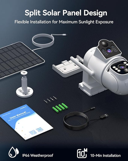 Dual Lens Solar Security Cameras Wireless Outdoor, 4MP 360° Pan/Tilt WiFi Camera with Auto Tracking, Color Night Vision, PIR Alarm, Two-Way Audio, Easy Install for Home Security