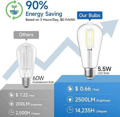 SHINESTAR Dimmable Edison Bulbs, 6W, Equivalent 60W, Bright Daylight White 4000K, Vintage ST58 Antique LED Filament Bulbs, E26 Medium Base, 80+ CRI, Clear Glass, 8 Pack