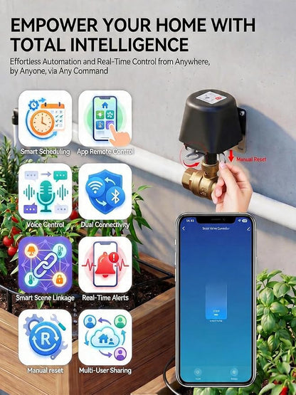 Smart Wifi Water Valve, Motorized Ball Valve, App Comtrol, Brass | Programmable Timer Switch, Manual Open/Close, Tuya App Alert, Multi-user, Alexa/Google Home Compatible, 3/4" NPT Threaded