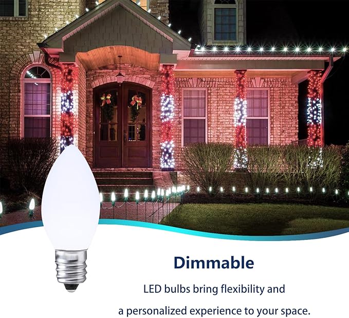 C7 Cool White LED Bulbs Dimmable Christmas Lights, 25 Pack, 0.72W Indoor/Outdoor, Waterproof, Night Light, E12 Base, IP65