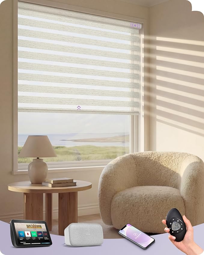 Graywind Motorized Zebra Blinds for Windows, Darkening Smart Blinds with Remote Control, Dual Layer Custom Zebra Shades Work with Alexa, Google Home, Apple Homekit, Linen Weave Beige