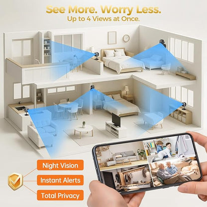 ZEEPORTE 2K Indoor Cameras for Home Security - Baby Monitor and Dog Pet Camera with Motion Detection, 2-Way Audio, Night Vision, Siren, Wired Security Camera - Works with Alexa (4-Pack)