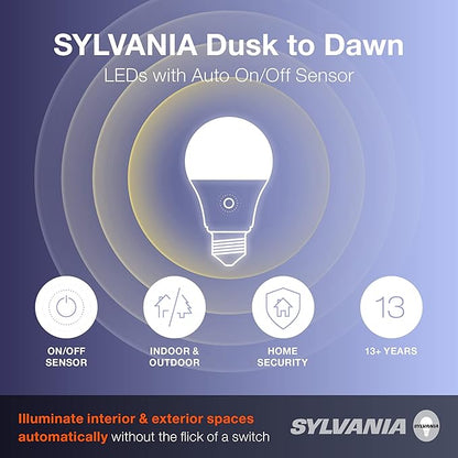Sylvania Dusk to Dawn A19 LED Light Bulb with Auto On/Off Light Sensor, 60W=9W, 800 Lumens, 2700K, Soft White - 6 Pack (41257)
