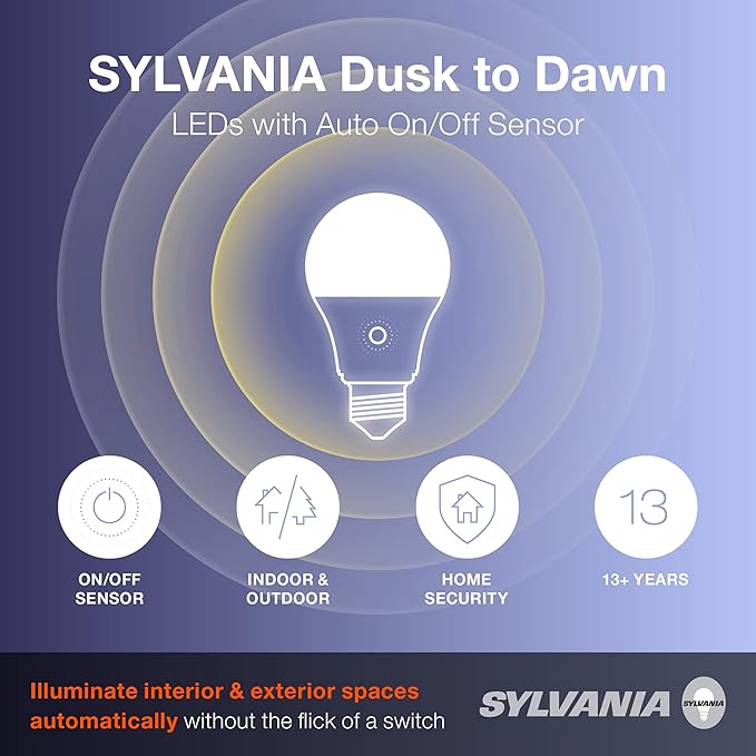 Sylvania Dusk to Dawn A19 LED Light Bulb with Auto On/Off Light Sensor, 60W=9W, 800 Lumens, 2700K, Soft White - 1 Pack (41288)