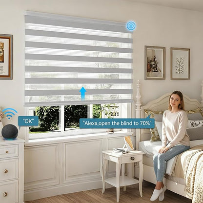 Interior Window Shades, Smart Dual Layer Light Filtering Blinds Compatible with Alexa & Google Home, Customized Size Cordless Electric Window Shades, (Smoky Gray, 55% Blackout)