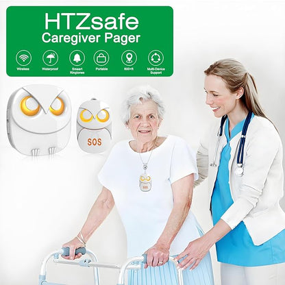 HTZSAFE Caregiver Pager Wireless Call Button 500+ Feet, SOS Alert Nurse Calling Elderly Fall Help System for Patient/Disabled Monitoring at Home, IP55 Waterproof, 2 Transmitters + 2 Receivers, White