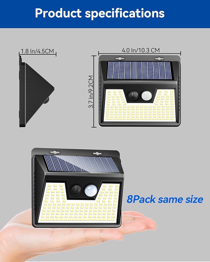 Peasur Solar Powered Lights Outdoor, 140 LED 8Pack Motion Sensor Light Outside, IP65 Waterproof Fence Security Lighting with 3 Modes for Yard Wall Garden Cool White