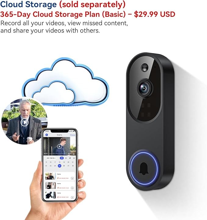 Wireless Video Doorbell Camera, 2.4G WiFi Only, AI Human Detection, Indoor/Outdoor Surveillance Cam for Home Security, 2-Way Talk, Night Vision, Cloud Storage (Sold Separately)