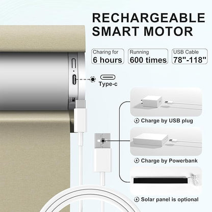 BERISSA Smart Motorized Blinds with Remote,No Drill Automatic Roller Blinds for Indoor Windows,Blackout Linen Fabric,Electric Shades for Windows Home Office,Beige,Custom Size