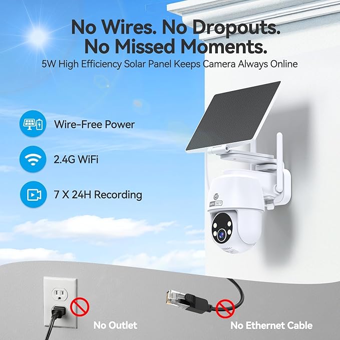 MUBVIEW 24/7 Continuous Recording Wireless Outdoor Security Camera, 2.4G WiFi, 2K Solar Powered, 360° PTZ, Auto Tracking, SD Included, Optional Cloud Storage, AI Detection, Night Vision(White,2 Packs)