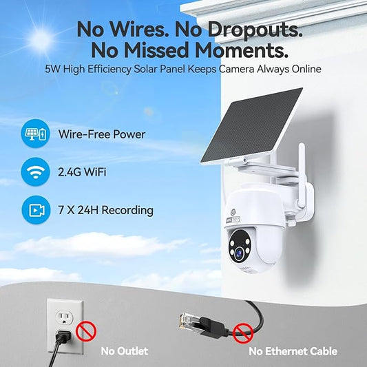 MUBVIEW 24/7 Continuous Recording Wireless Outdoor Security Camera, 2.4G WiFi, 2K Solar Powered, 360° PTZ, Auto Tracking, SD Included, Optional Cloud Storage, AI Detection, Night Vision(White,1 Pack)