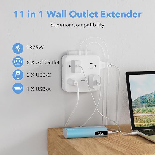 BN-LINK Multi Plug Outlet Extender with 8 Outlets 3 USB Ports (1 USB C), Surge Protector 800 Joules, 4-Sided Multiple Plug Expander Outlet Splitter for Home, Office, 15A/1875W, White