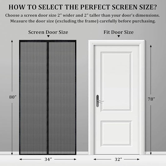 Magnetic Screen Door - Self Sealing, Heavy Duty, Hands Free Mesh Partition Keeps Bugs Out Let Breeze in- Pet and Kid Friendly - Keep Open Feature (Black, Fit Door Size 32 x 78 Inch)