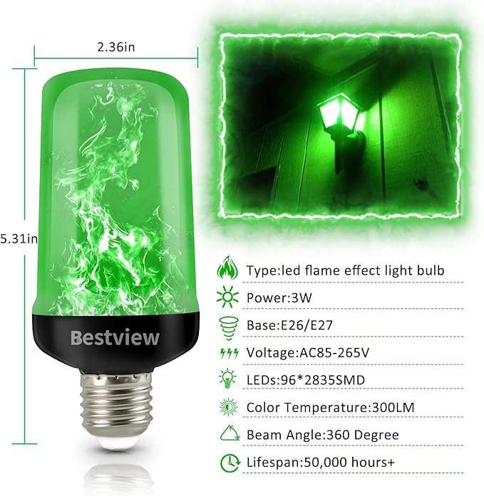Bestview LED Flame Effect Light Bulbs,4 Modes Smart E26/E27 Base Flickering Fire Light Bulbs with for Halloween, Christmas, Party, Porch, Indoor&Outdoor Home Decoration Lighting (Green 2 Pack)