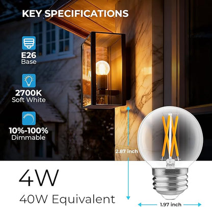 GvvooHome Dimmable G16.5 Light Bulb 2700K Warm White, 4W, 40 watt Equivalent, E26 LED Globe Bulb, Round Edison Bulbs for Ceiling Fan, Chandeliers, 90+CRI 400LM, 12 Pack