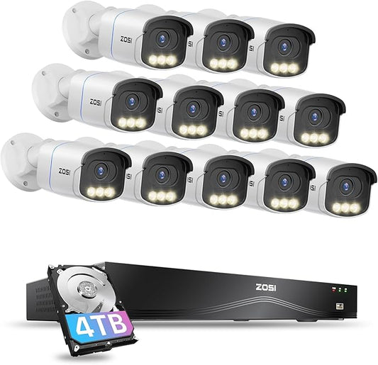 ZOSI 4K 16CH PoE Security Camera System,12pcs 4K C186 Aurora Lux Outdoor PoE Cameras with True Full Color Night Vision,Person Vehicle Detection,2 Way Audio,8MP 16CH NVR with 4TB HDD for 24/7 Recording