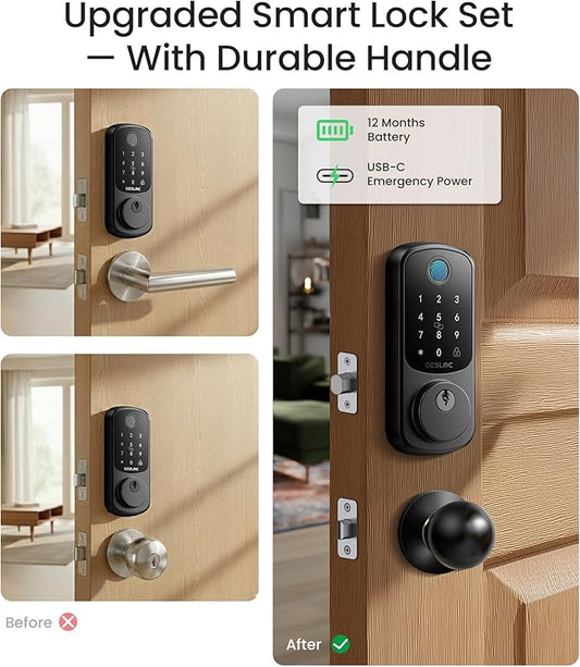 DESLOC B200 Fingerprint Smart Lock with 2 Knobs, Keyless Entry Front Door Lock Set, Electronic Keypad Deadbolt, App Control, Auto Lock, Long Battery Life,Matte Black