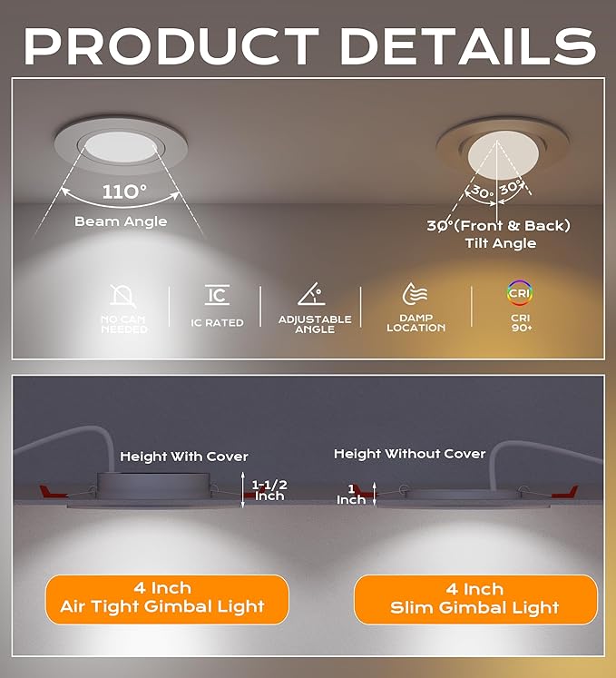 CLOUDY BAY [4-Pack] 4 inch 5 Color Swivel LED Gimbal Recessed Light with Junction Box, IC Rated Air Tight, 120V CRI90+, 2700K/3000K/3500K/4000K/5000K Temperature Selectable,White